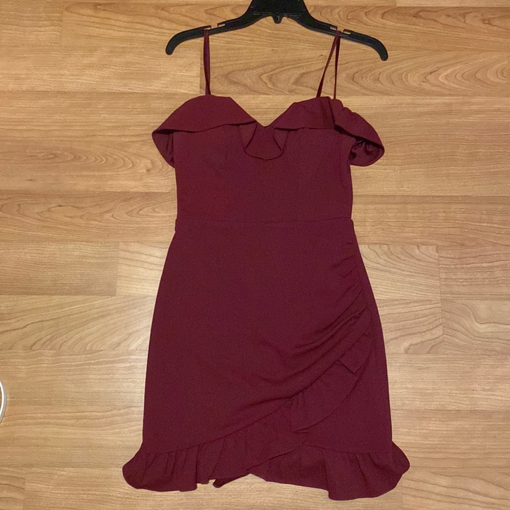 Maroon off the shoulder semi formal dress